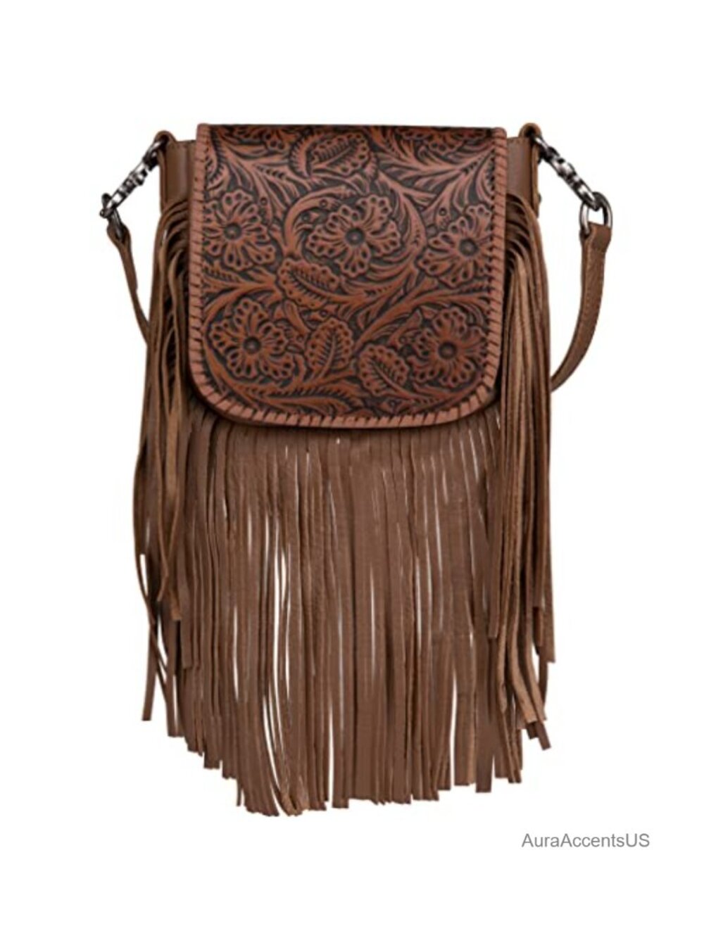 Genuine Leather Fringe Crossbody Purse Floral Tooled Western Bag